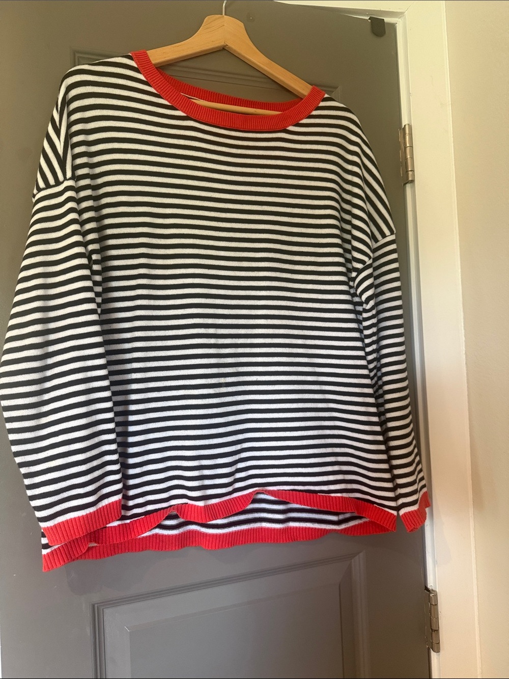 Striped Black & White Crewneck Sweater with Red Trim